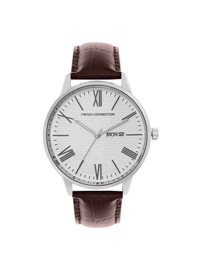 French Connection ساعة أنالوج للرجال بقرص أبيض وحزام جلد بني 42 مم - Image 1