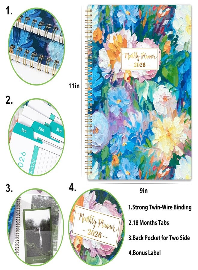 Vondafe 2026 Monthly Planner - 2026 Planner, Jan. 2026 - Dec. 2026, Monthly Planner 2026, 9" x 11", 2026 Calendar Planner with Twin-wire Binding + Green Tabs + Back Pocket - Floral - Image 3