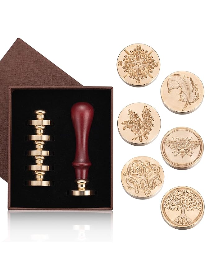 erorex Wax Seal Stamp Set 6 Vintage Sealing Wax Stamp Heads + 1 Wooden Handle For Wedding Invitations Card Envelope Wax Stamp Set Gift Wrap Tree Of Life + Bee + Rosemary + Compass + Feather + For You  - Image 1