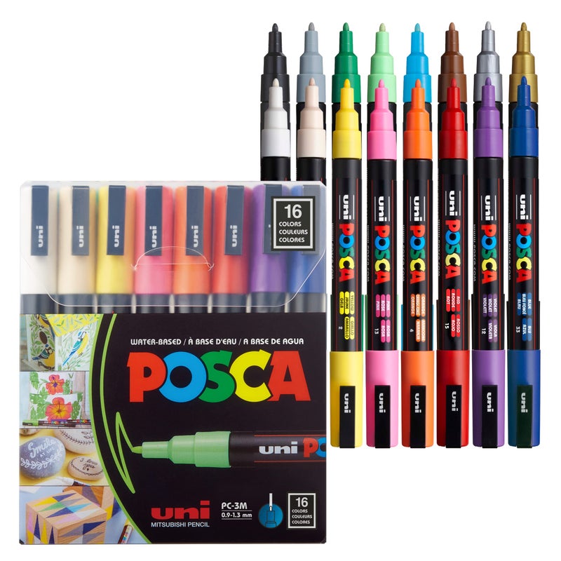 POSCA 16 Posca Paint Markers, 3M Fine Posca Markers with Reversible Tips, Posca Marker Set of Acrylic Paint Pens | Posca Pens for Art Supplies, Fabric Paint, Fabric Markers, Paint Pen, Art Markers - Image 1