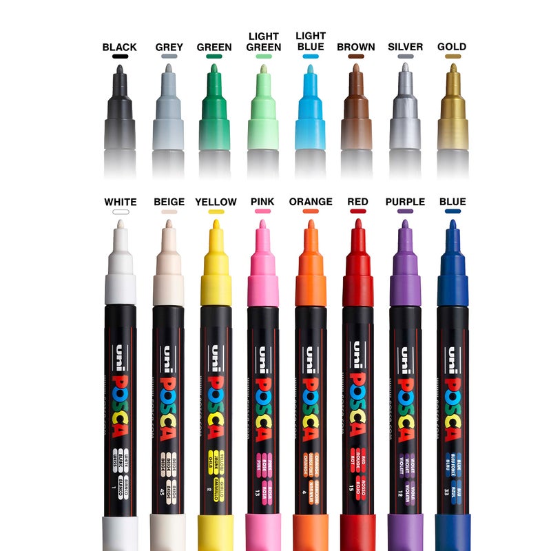 POSCA 16 Posca Paint Markers, 3M Fine Posca Markers with Reversible Tips, Posca Marker Set of Acrylic Paint Pens | Posca Pens for Art Supplies, Fabric Paint, Fabric Markers, Paint Pen, Art Markers - Image 2