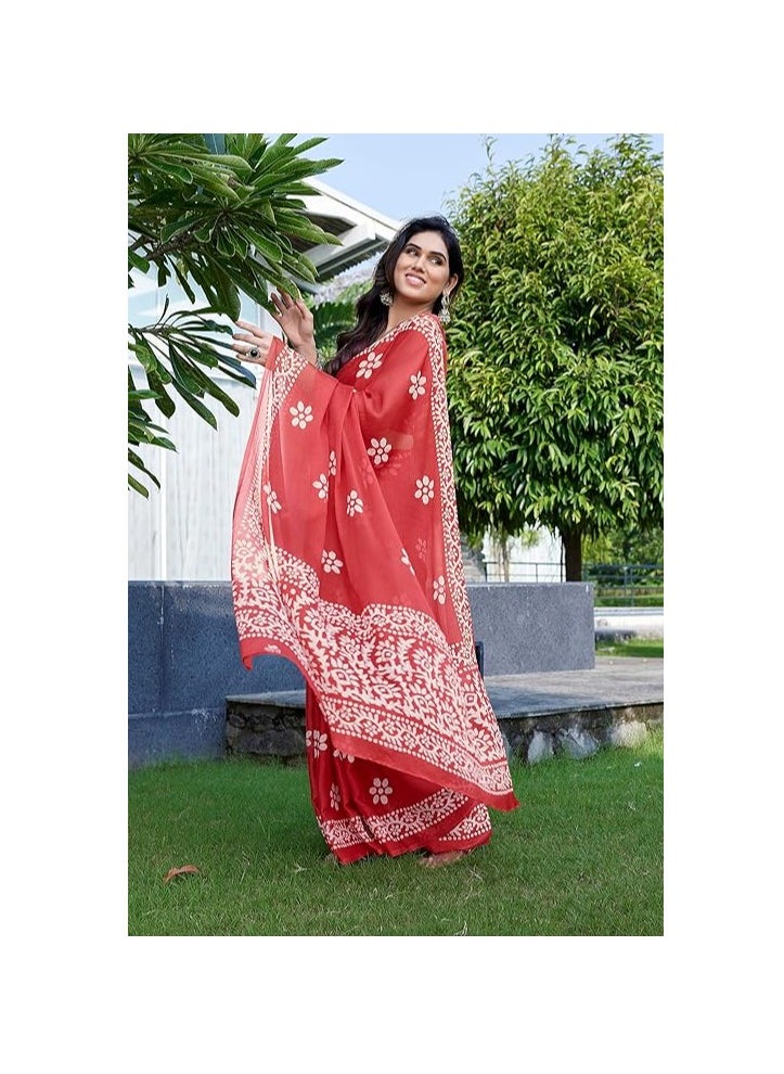 Accessorize Kingdom - Women's Latest Chiffon Batik Printed Saree with Blouse Piece - Image 1