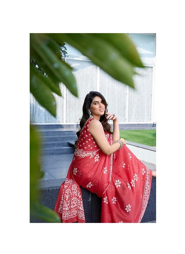 Accessorize Kingdom - Women's Latest Chiffon Batik Printed Saree with Blouse Piece - Image 1