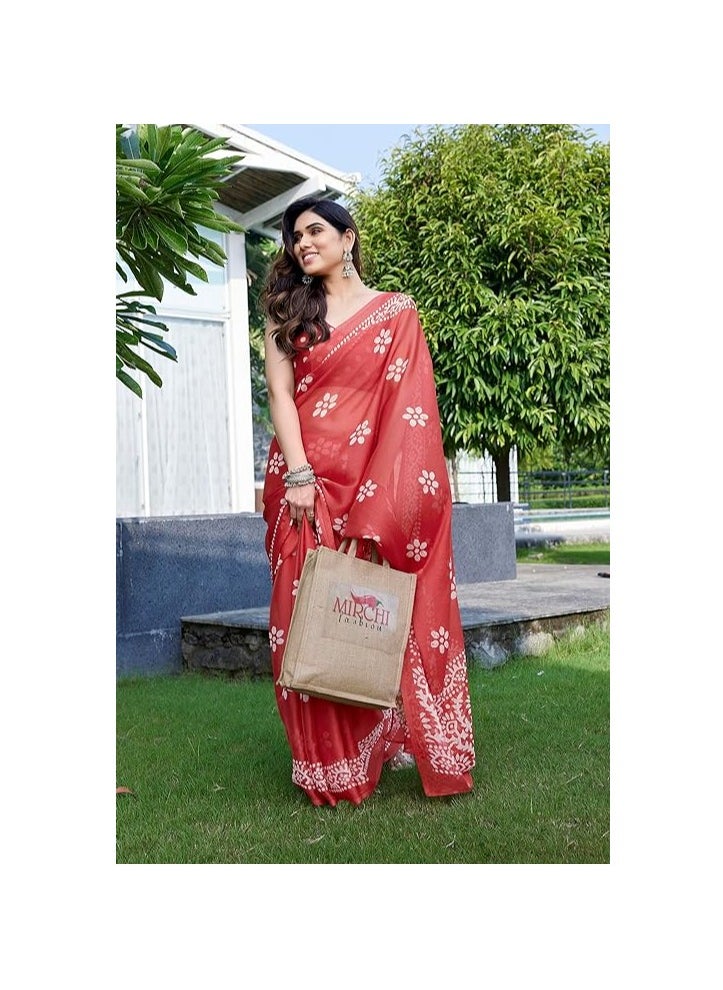Accessorize Kingdom - Women's Latest Chiffon Batik Printed Saree with Blouse Piece - Image 1