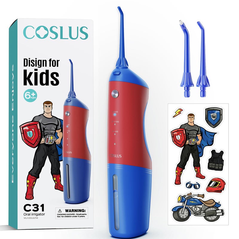 جهاز تنظيف الأسنان بالماء للأطفال من COSLUS مع 4 أوضاع محمولة للتنظيف العميق آمن ومقاوم للماء قابل لإعادة الشحن مع 2 رأس نفاث للعناية باللثة باللون الأحمر والأزرق