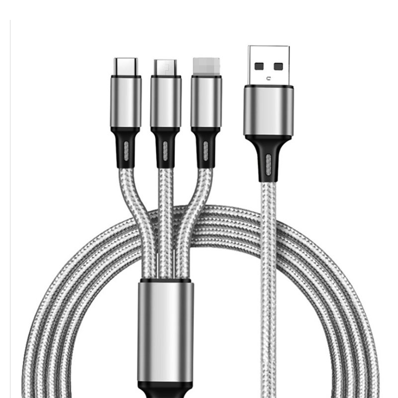3-in-1 Charging Cord Nylon Braided Universal USB Charging Cord Compatible with i-Product/Type-C/Micro USB Devices, Silver - Image 1