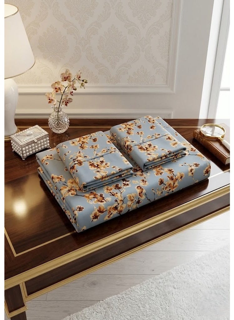 Ever Home Floral & Blossom Print Flat Bed Sheet Set in Blue & Gold - 125 GSM Soft Nature-Inspired Fabric, Includes 2 Matching Pillowcases - Image 4