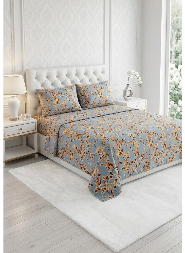 Ever Home Floral & Blossom Print Flat Bed Sheet Set in Blue & Gold - 125 GSM Soft Nature-Inspired Fabric, Includes 2 Matching Pillowcases - Image 1