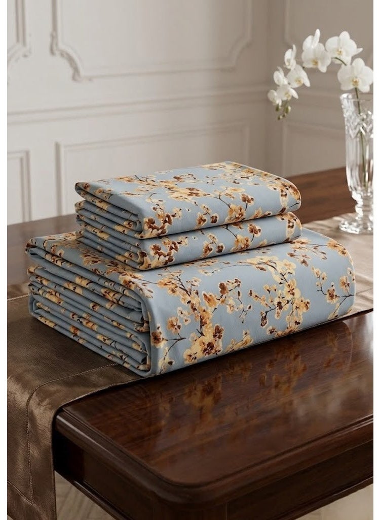 Ever Home Floral & Blossom Print Flat Bed Sheet Set in Blue & Gold - 125 GSM Soft Nature-Inspired Fabric, Includes 2 Matching Pillowcases - Image 2