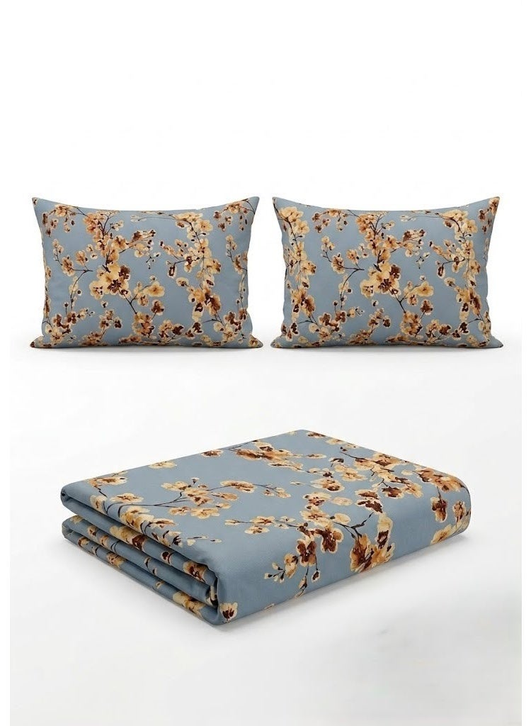 Ever Home Floral & Blossom Print Flat Bed Sheet Set in Blue & Gold - 125 GSM Soft Nature-Inspired Fabric, Includes 2 Matching Pillowcases - Image 3