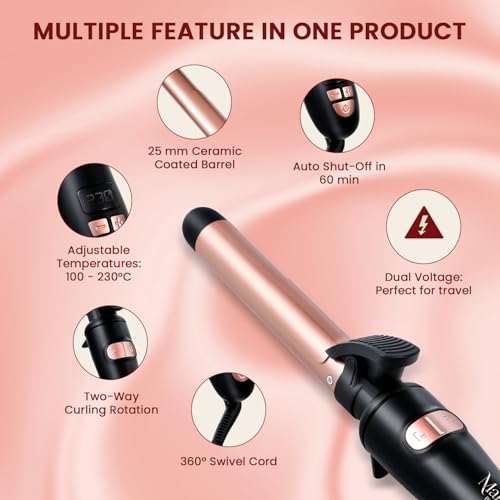 Urban yog Makemeebold Rotating Hair Curling Iron| 14 Temperature Settings (100°C-230°C)| 25Mm Ceramic Barrel| Two-Way Curling| Auto Shut-Off| Dual Voltage| 360° Swivel Cord| Travel-Friendly, Rose Gold - Image 5