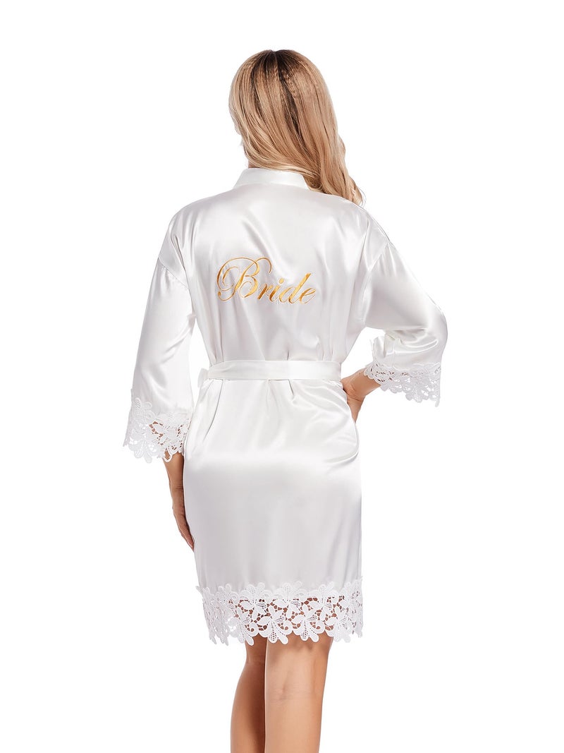 DQSSYTTX DQSSYTTX Bride Robe for Wedding Day Lace Bridal Bathrobe Kimono Robe Embroidery Silky Satin Bathrobe Wedding Party Sleepwear  - Image 2