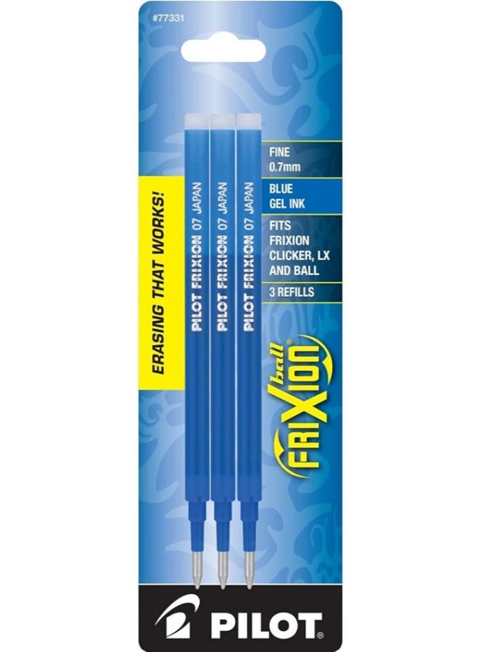 Pilot FriXion Ball Gel Ink Refills for Erasable Pens Fine Point 0.7 mm Pack of 3 Blue