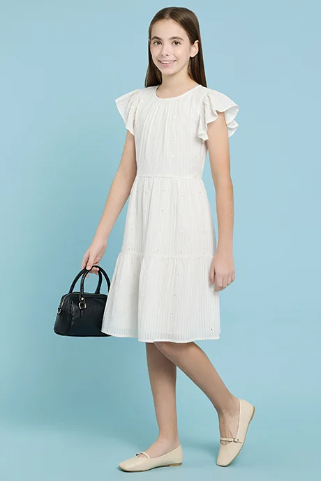 R&B Textured Tiered Dress with Crew Neck and Flutter Sleeves