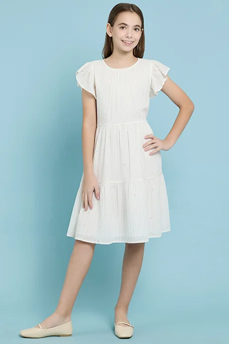 R&B Textured Tiered Dress with Crew Neck and Flutter Sleeves