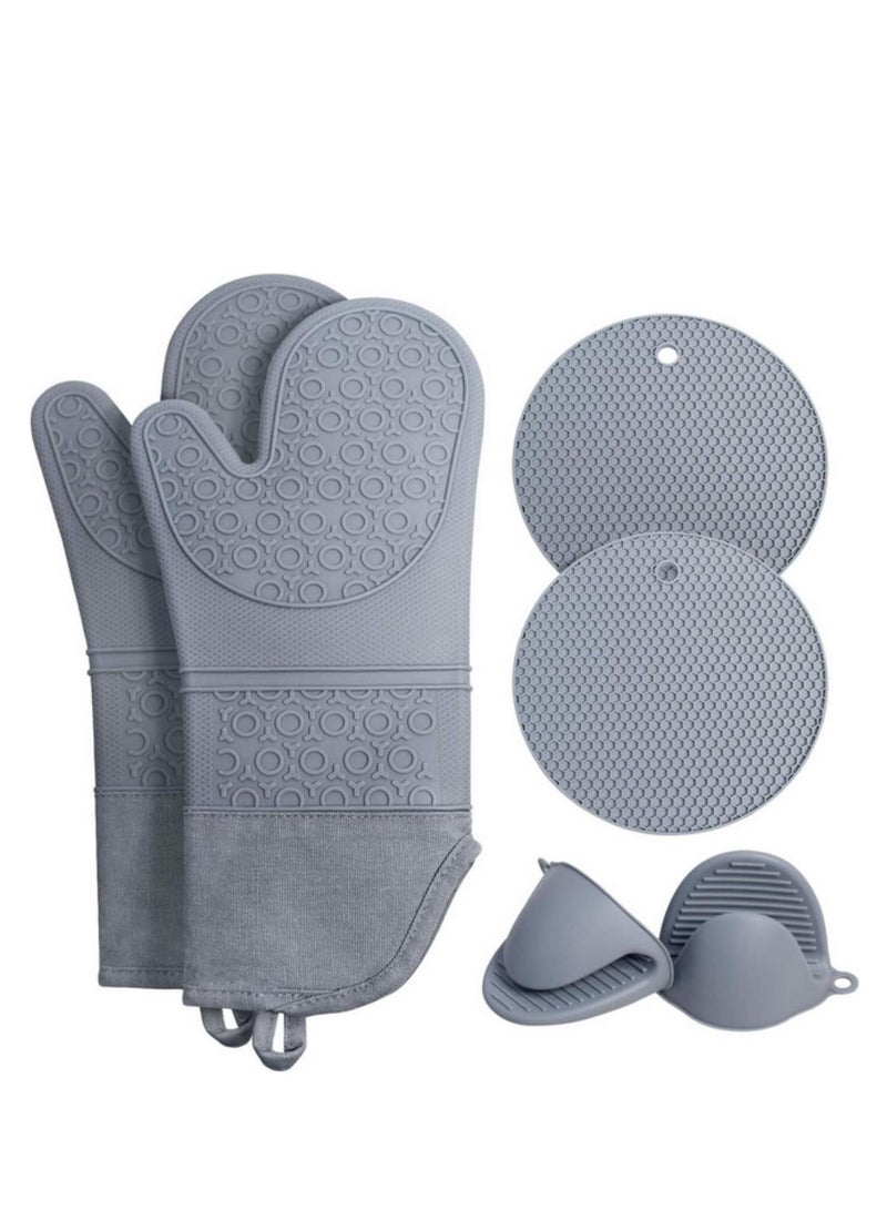 6Pcs Extra Long Oven Mitts and Pot Holders Sets Heat Resistant Silicone Cooking Gloves Hot Pads Potholders (Grey)  - Image 1