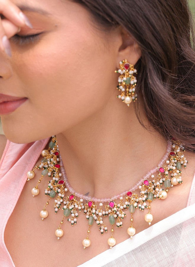 Binnis Wardrobe Kundan-Studded & Pearls Beaded Tasselled Jewellery Set - Image 2