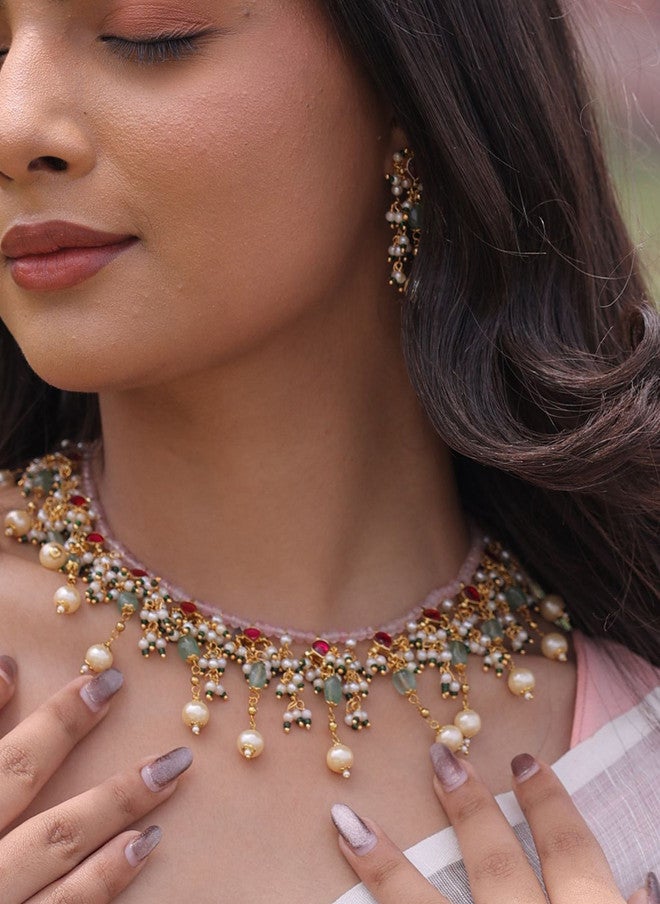Binnis Wardrobe Kundan-Studded & Pearls Beaded Tasselled Jewellery Set - Image 3