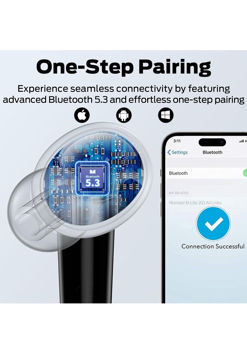 Monster N-Lite 203 AirLinks Wireless Earbuds, Bluetooth 5.3 Headphones with HiFi Stereo, Crystal Clear Call, 30H Playback, Type-C Charging, Touch Control, IPX6 Waterproof in-Ear Earbuds Earphones - Image 4