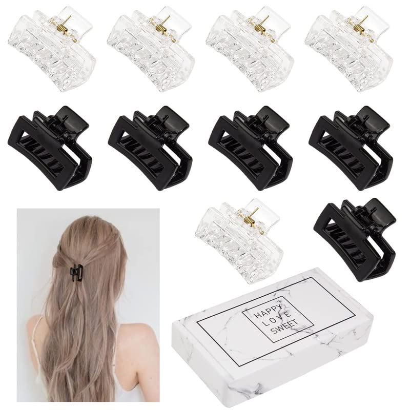 FAMEZA 6 Small Claw Hair Clips for Women Girls, Tiny Hair Claw Clips for Thin/Medium Thick Hair, 1.5 Inch Mini Hair Jaw Clips Matte Rectangle Nonslip Clip with Gift Box (Black & clear) - Image 1