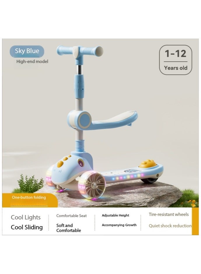 2 in 1 Kids Kick Scooter, Foldable Scooter with Music, LED Lighted Wheels and 4-Level Adjustable Height Handlebars, Widen Anti-Slip Deck, Sensitive Brakes, Kids Toys for Boys & Girls Ages 2-12, Blue - Image 1