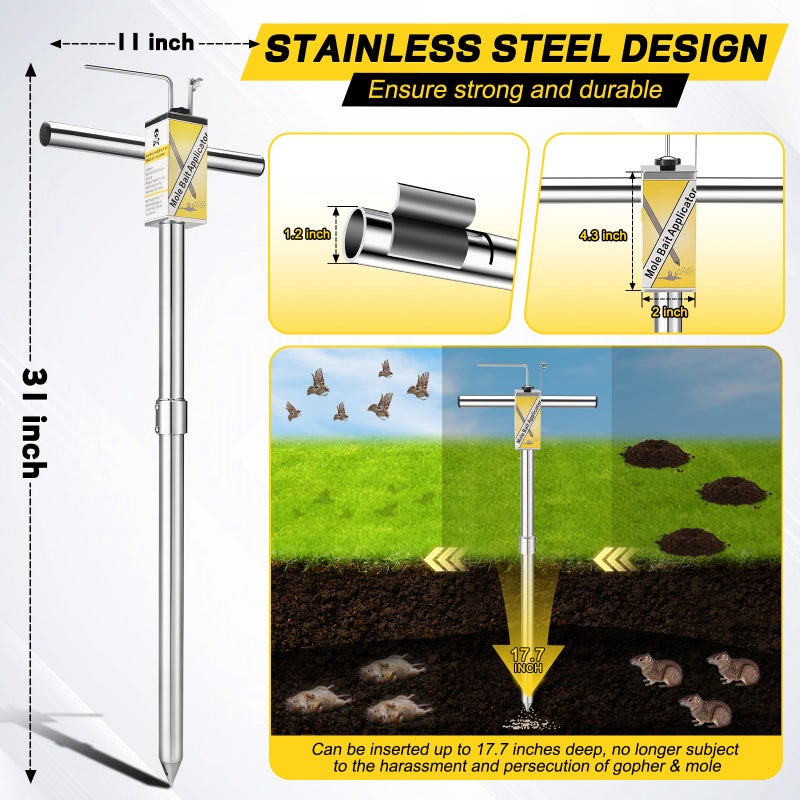 DACK Gopher & Mole Bait Applicator, Stainless Steel Gopher/Mole/Vole Killer, Durable and Removable Gardening Pest Control Tool for Yard, Upgraded Non-Clogging Bait Outlet(Not Include Bait) - Image 4