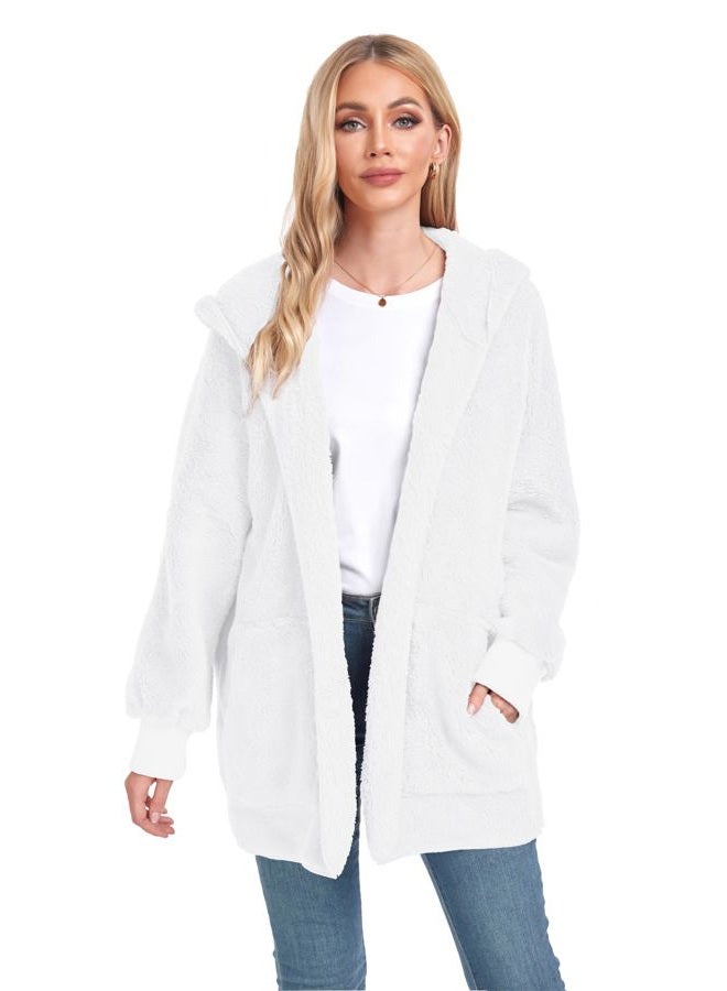 CHICGAL Women's Fuzzy Sweaters Jacket Coat Open Front Hooded Fleece Cardigan Outwear with Pockets (White, 2XL), White, XXL - Image 5