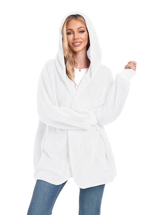 CHICGAL Women's Fuzzy Sweaters Jacket Coat Open Front Hooded Fleece Cardigan Outwear with Pockets (White, 2XL), White, XXL - Image 4