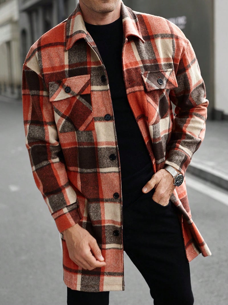 Men's Long Trench Coat with Button Front and Flap Pockets - Casual Plaid Windbreaker Jacket