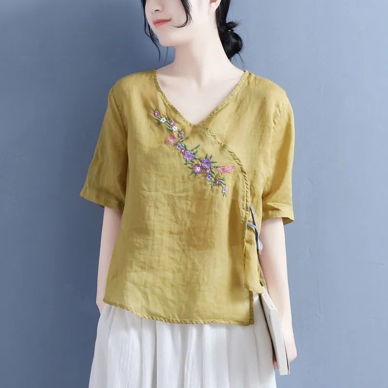 Womens cotton and linen short-sleeved shirt loose summer 2022 new retro embroidered design department Fashion plus size T-shirt shirt 302 yellow