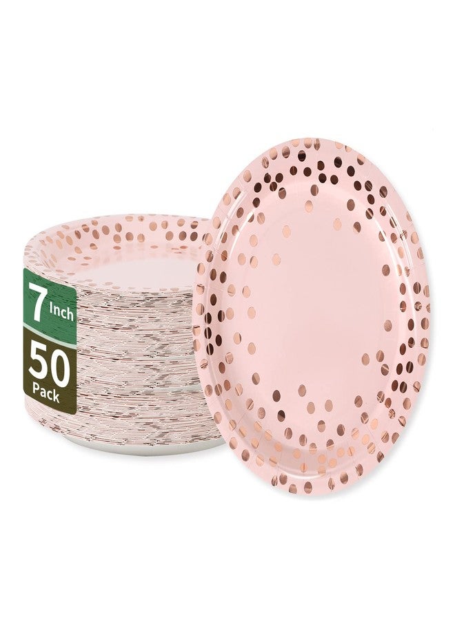 CENLBJ Pink & Rose Gold Dots Party Paper Plates, 50 PCS Disposable Party Supplies Dessert Paper Plates for Birthday Wedding Bridal Shower Supplies (7 inches) - Image 1