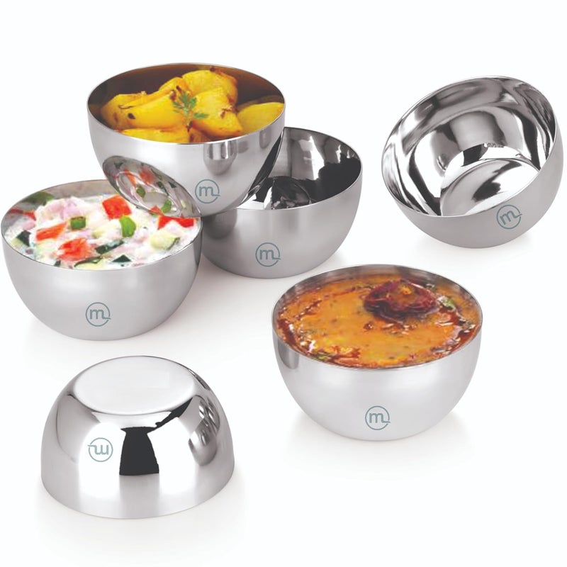 Mishaa Apple Shape Stainless Steel Katori Set of 6 pcs 220ml Each Multipurpose Steel Bowl Set for Kitchen Ideal for Serving Bowl Microwave Safe Bowls for Daily Lifestyle Kitchen Items Silver - Image 1