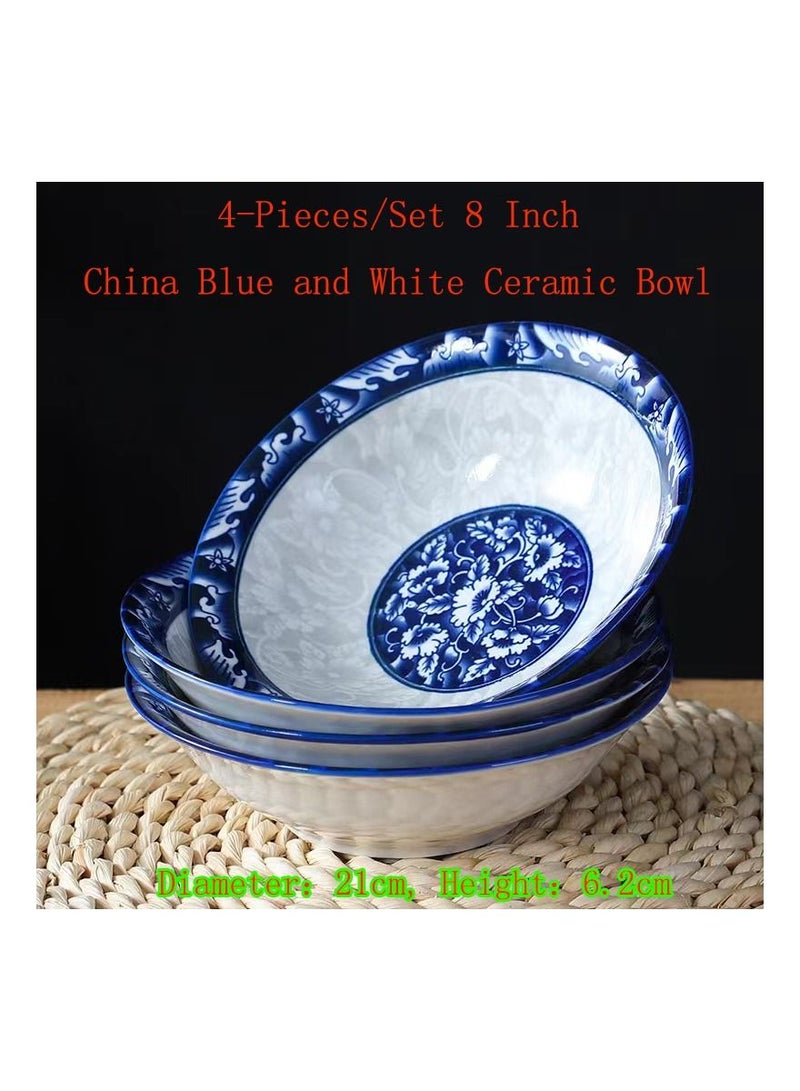 4-Pieces/Set 8 Inch China Blue and White Ceramic Bowl,Creative Floral Pattern Bowl,Household In-Glaze Color Dinnerware Set Included - Image 1