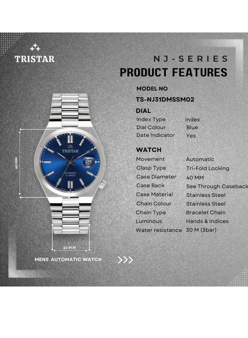 Tristar ساعة أوتوماتيكية للرجال من تريستار NJ سلسلة بقرص أزرق من الفهرس بحزام من الفولاذ المقاوم للصدأ - Image 5