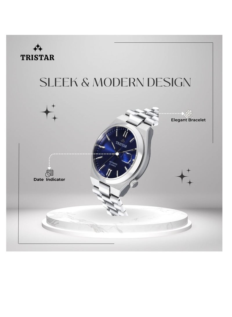 Tristar ساعة أوتوماتيكية للرجال من تريستار NJ سلسلة بقرص أزرق من الفهرس بحزام من الفولاذ المقاوم للصدأ - Image 4