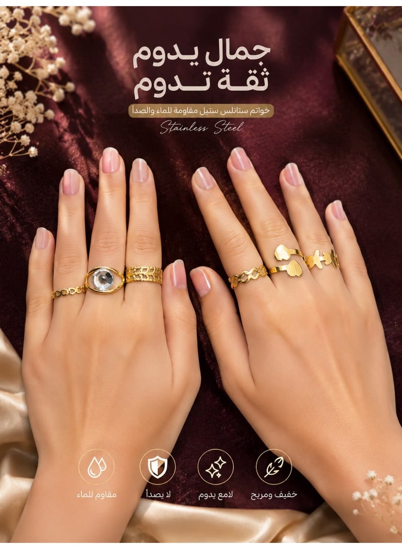 مجموعة خواتم نسائية ستانلس 6 قطع ستيل بتصميم عصري – مقاومة للماء والصدأ – لون ذهبي أنيق