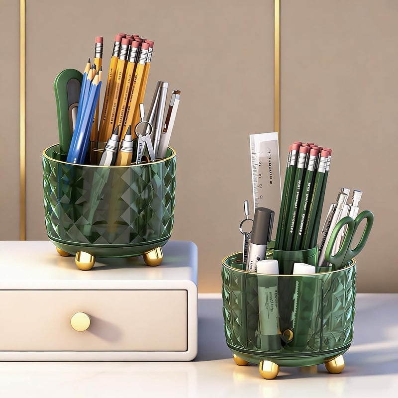 GOTOBA Dark Green Pen Pencil Holder for Desk, 360° Rotating Pen Organizer, Green Office Supplies, Cute Pen Holder, 6-Compartment Pencil Holder Rotating - Image 4