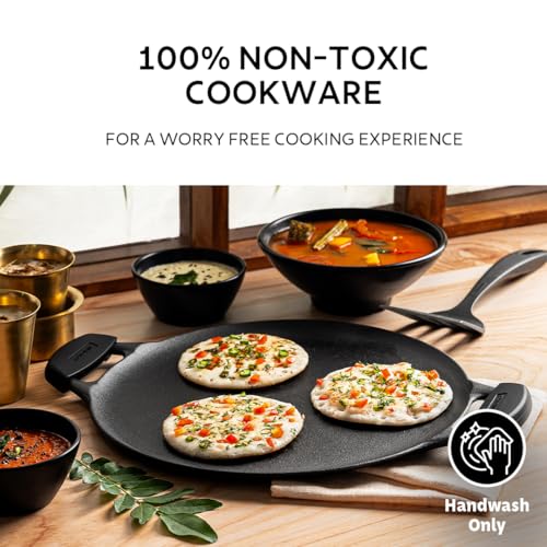 TRAMONTINA TITANEX 30cm Cast Iron Dosa Tawa | Pre-Seasoned Flat Tawa with Raised Edges | Dual Side Handles | Gas & Induction Compatible | for Dosa, Uttapam, Paratha. - Image 2