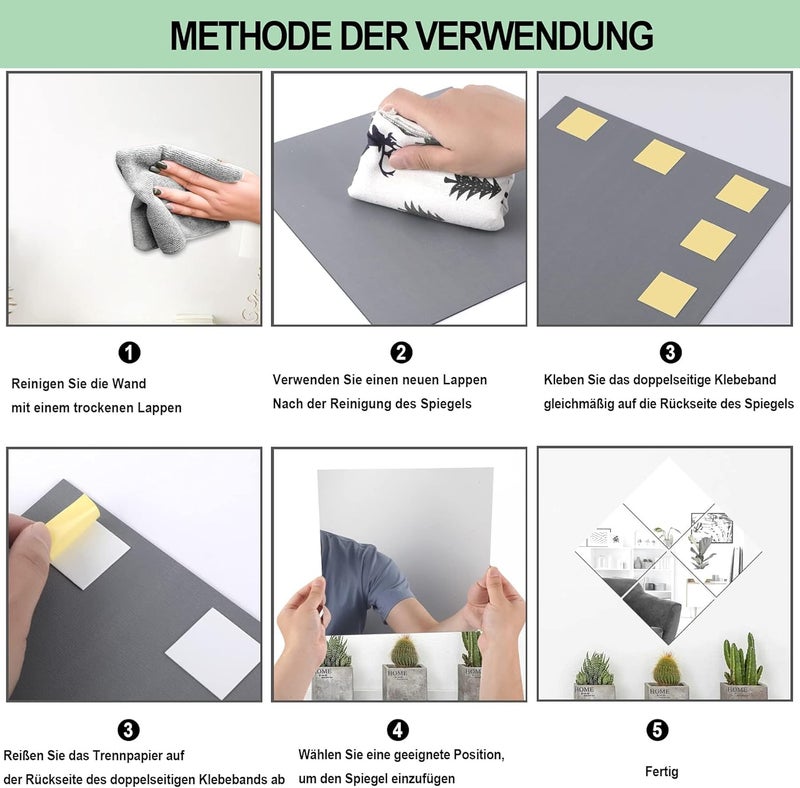 TPGP Augshy Pack of 4 Self-Adhesive Tile Mirrors, 26 x 26 cm, DIY Acrylic Wall Decoration - Image 4