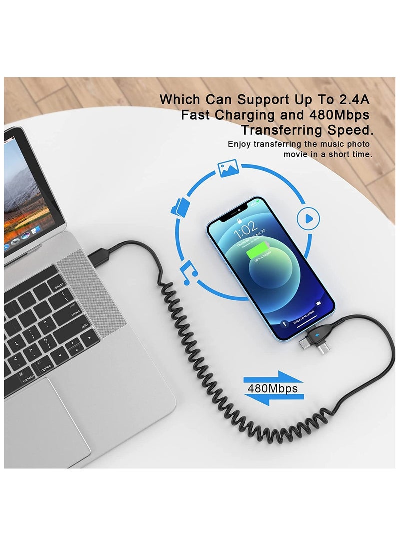 3 in 1 Coiled Lightning Cable for Car, Coil for iPhone Charger Cable, USB Cable Fast Charger for Lightning/Type-C/Micro USB for iPhone iOS Android Tablets PC