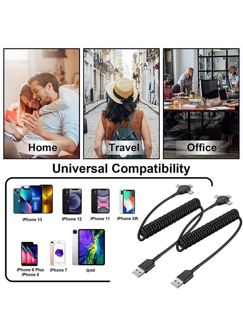 3 in 1 Coiled Lightning Cable for Car, Coil for iPhone Charger Cable, USB Cable Fast Charger for Lightning/Type-C/Micro USB for iPhone iOS Android Tablets PC