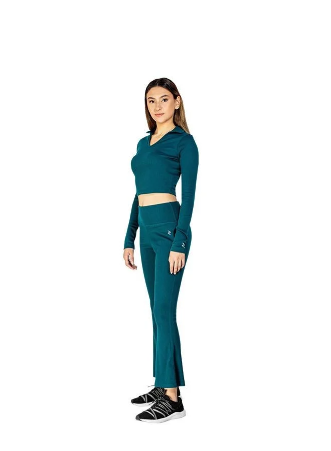 Zaecy Dark Emerald Green Women's Full Sleeve Collared Crop Top for Women | Best Price UAE