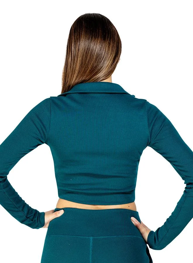 Zaecy Dark Emerald Green Women's Full Sleeve Collared Crop Top for Women | Best Price UAE