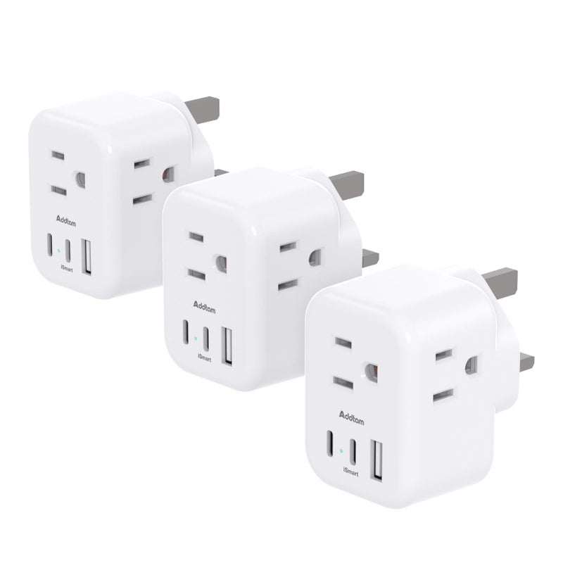 Addtam US to UK Plug Adapter 3 Pack, Addtam Type G Travel Plug with 3 Outlets 3 USB Ports(2 USB C), UK Power Adaptor for USA to England London British Ireland Scotland Dubai Hong Kong Kenya - Image 1