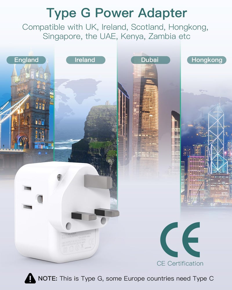 Addtam US to UK Plug Adapter 3 Pack, Addtam Type G Travel Plug with 3 Outlets 3 USB Ports(2 USB C), UK Power Adaptor for USA to England London British Ireland Scotland Dubai Hong Kong Kenya - Image 3