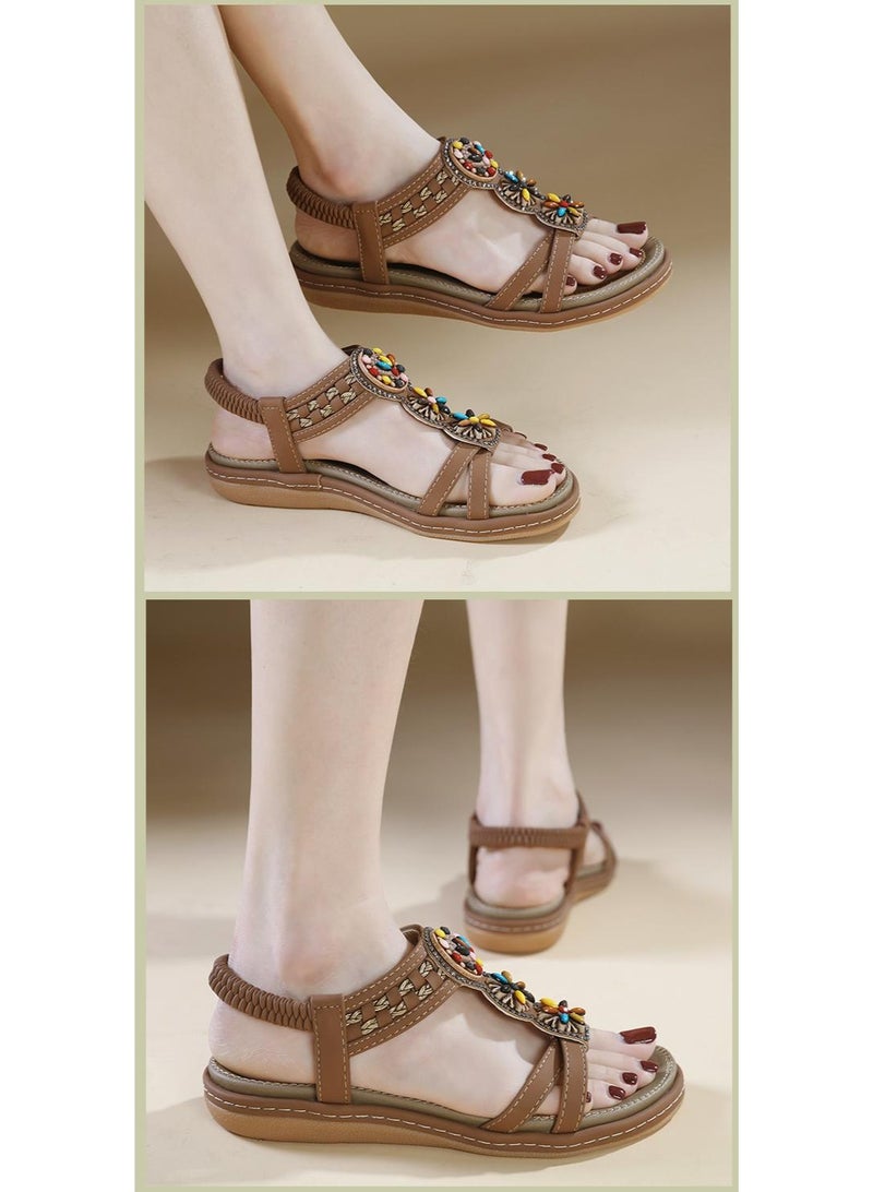 NIBEMINENT Casual Sandals Women's Beach Vacation Summer New Versatile Flat Bottom Elastic Band Water Diamond Roman Beach Shoes  - Image 2