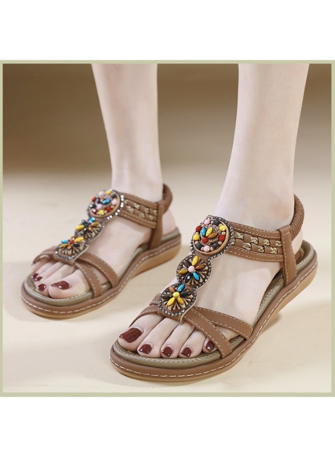 NIBEMINENT Casual Sandals Women's Beach Vacation Summer New Versatile Flat Bottom Elastic Band Water Diamond Roman Beach Shoes  - Image 4
