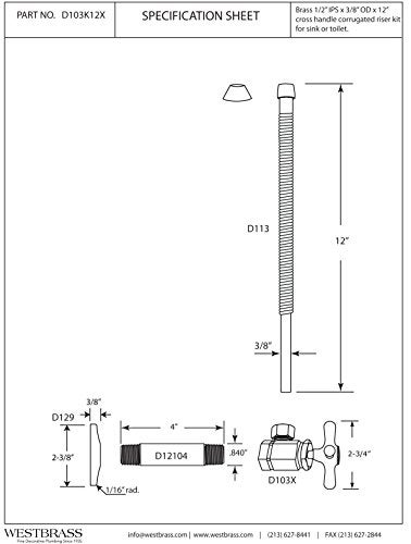 Westbrass D103K12X01 12 IPS x 38 OD x 12 Corrugated Riser Supply Line Kit with Cross Handle Angle Supply Shut Off Valve for Faucet and Toilet Polished Brass - Image 3