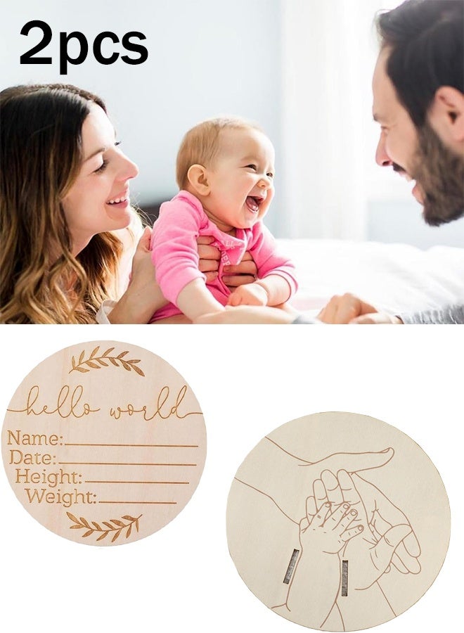 KANGLI 2 Pcs Newborn Wooden Birth Memorial Plaque, Newborn Hospital Bracelet Display Board, Double-Sided Engraved Baby Name Photo Props, Hello World Welcome Baby Decoration - Image 1