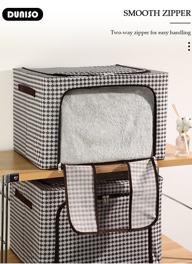 DUNISO - 2 Pack Closet Storage Box with Metal Frame, Stackable Flodable Closet Container Organizer with Lids Handle Double & Zippers, Large Capacity Wardrobe Clothes Storage Box with Clear Window for Blanket, Bedding, Clothes, Comforter - Image 1